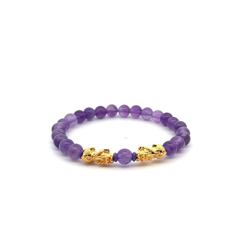 18K Gold Pixiu Double Piyao Bracelet Gemstones Amethyst February Birthstone 6mm